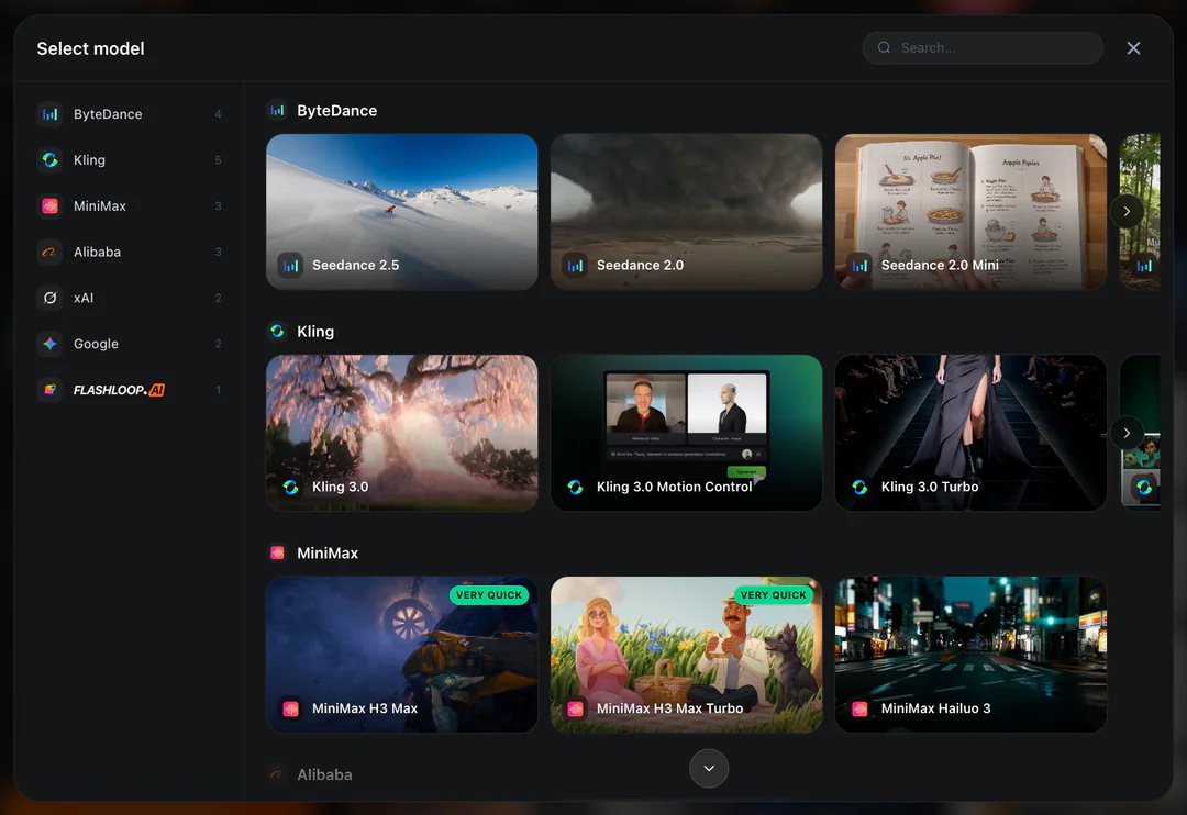 Flashloop model picker with video models grouped by provider